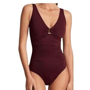 Lauren Ralph Lauren Beach Club Shirred Gold Ring Swimsuit Burgundy Womens 8 NWT